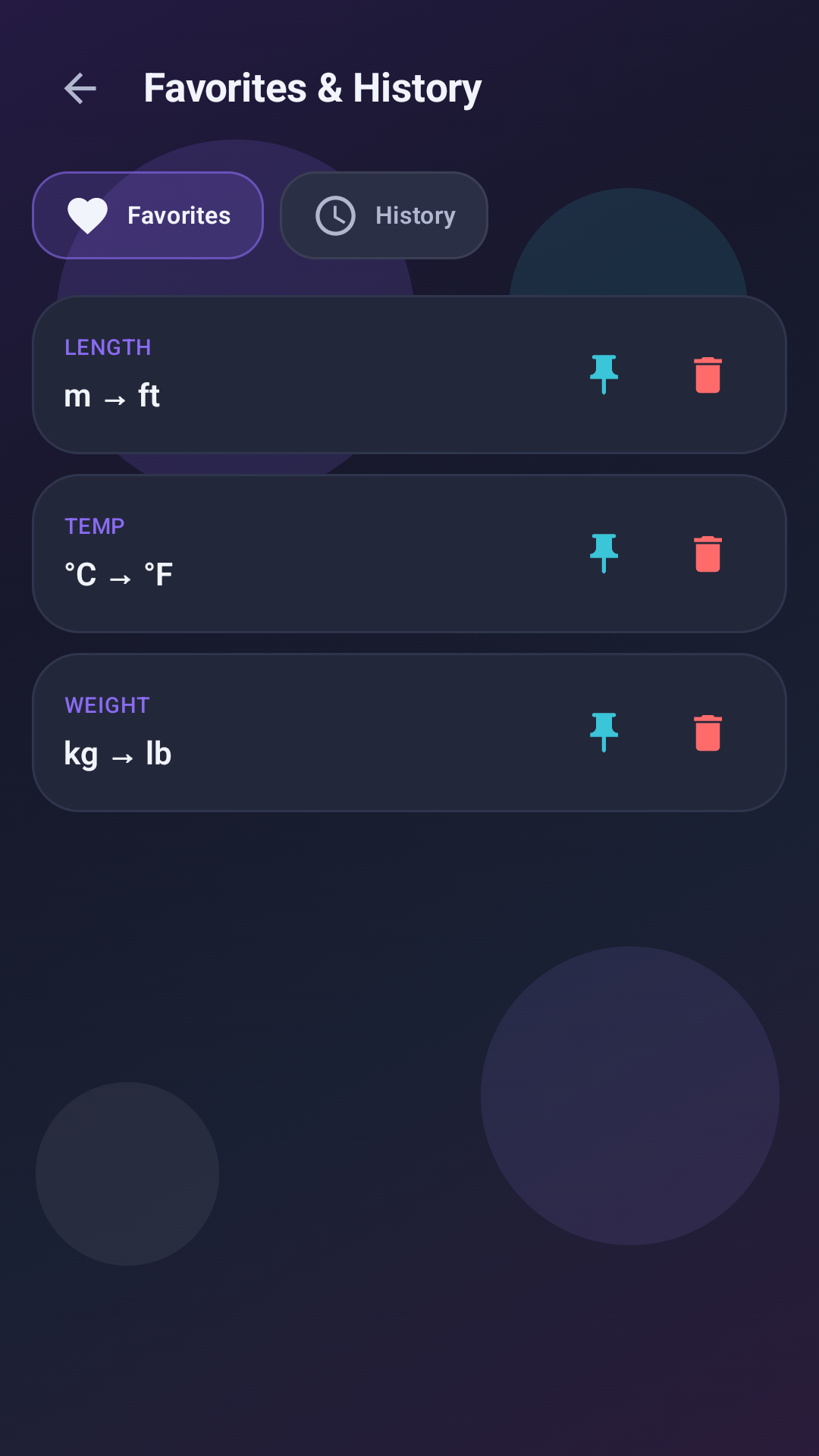 favorites and history screen